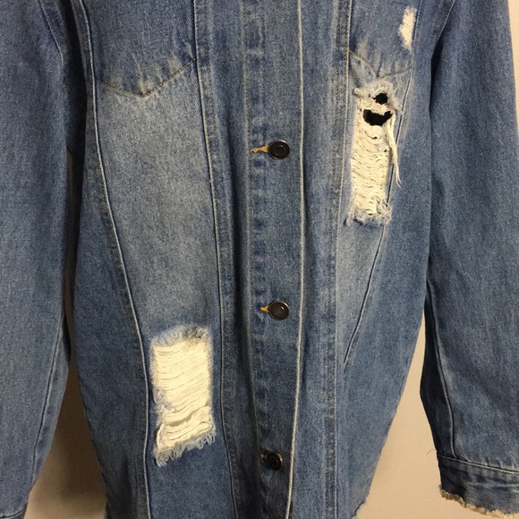 Love Tree Distressed Ripped Frayed Blue Denim Button Down Shirt Jacket - Picture 3 of 7